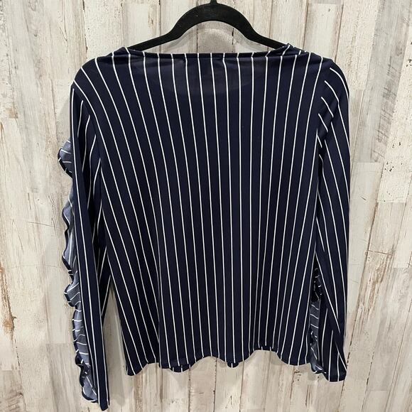Banana Republic Navy White Stripe Ruffle Sleeve Peekaboo Blouse Womens Small - Picture 3 of 7